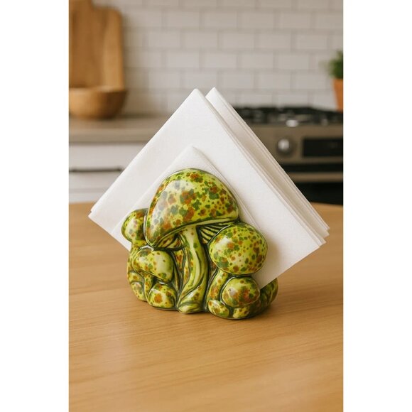 Vintage Ceramic Mushroom Napkin Holder With Green Speckles Groovy Hippy 70s - Picture 1 of 7